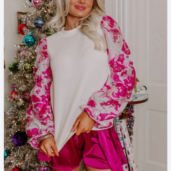 THML Tops - THML Boutique Metallic Jacquard Puff Sleeves